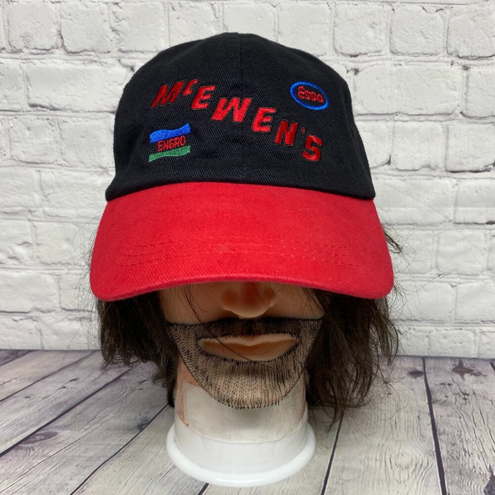 Vintage Hat Cap Strap Back Black Red Mc EWENS ESSO Engro Embroidered One Size